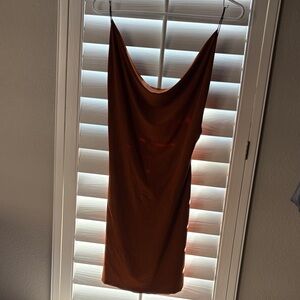 PrettyLittleThing Satin Slip Dress in Rust Orange